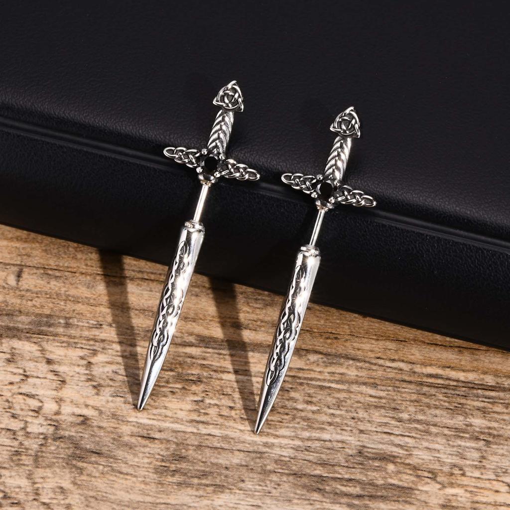 Men Rock Punk Sword Stud Earrings, Waterproof Stainless Steel Retro Celtic Knot Tribal Amulet Earring Gifts Jewelry