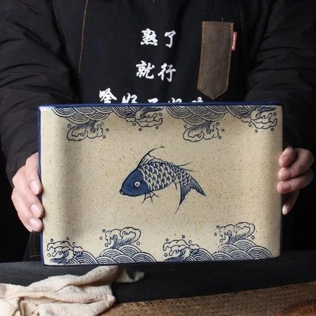 Japanese Fish Print Ceramic Tableware Special-shaped Large Ceramic Dinner Plate Dishes Bowl For Rectangular Household Hotels