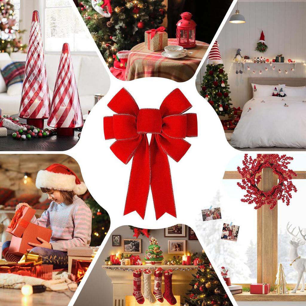 Christmas Tree Bows Large Red With Glitter Gold Edge Velvet Bows For Christmas Tree Decorations For Indoor Outdoor Wall Front