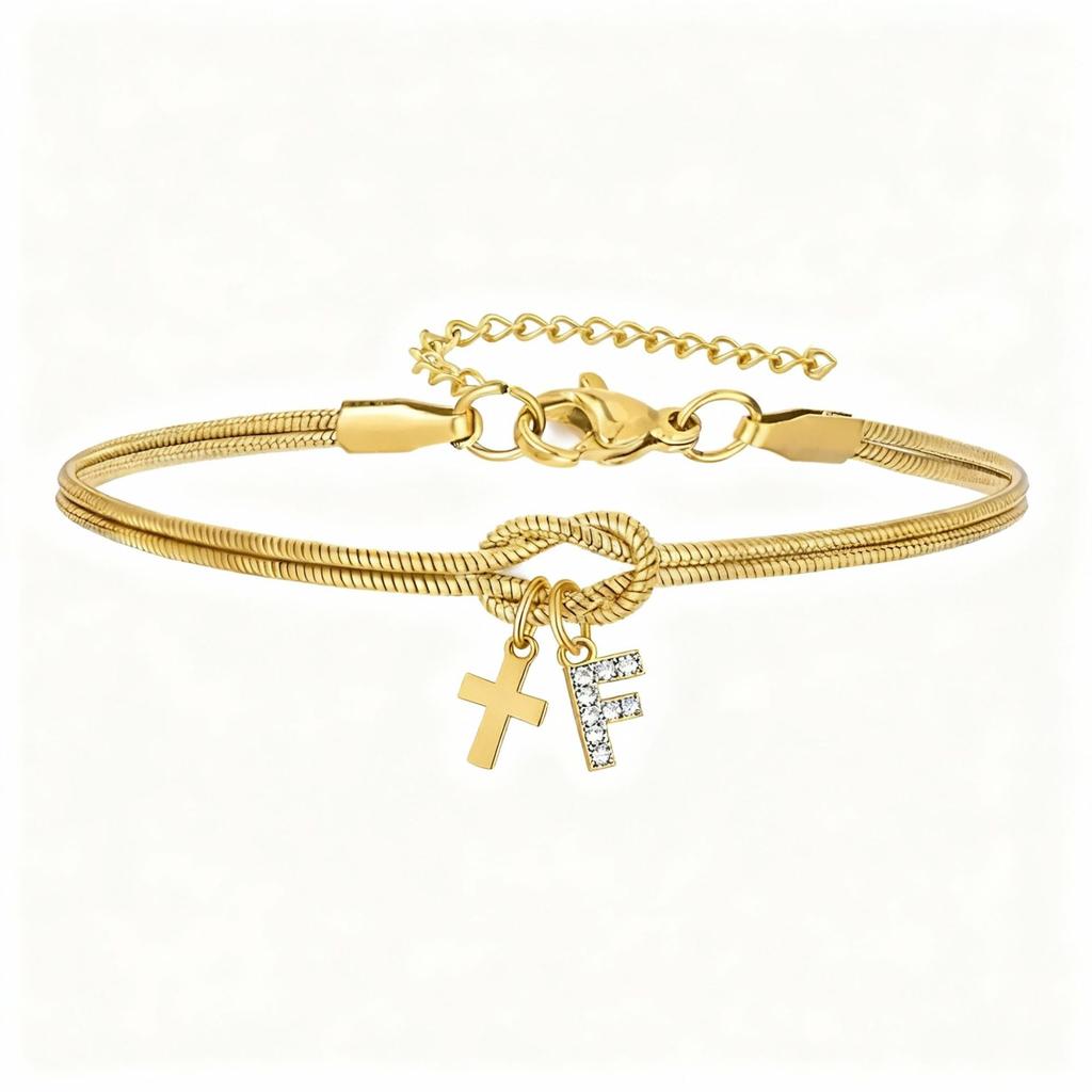 Double Knot Round Snake Bone Bracelet with Diamond 26 Letters Cross Pendant Charm Jewelry