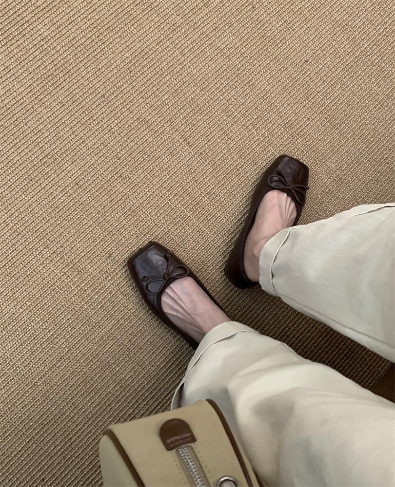 

2025 spring and autumn new retro square head low heel ballet shoes cowhide thick heel bow flat Mary Jane single shoes women 39 темно-коричневого