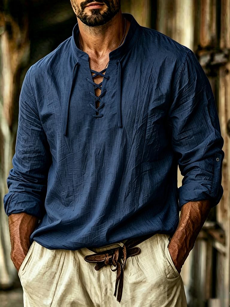 Men's White Lace-Up V-Neck Long Sleeve Shirt - Lightweight Casual Resort Top for Summer Holiday
