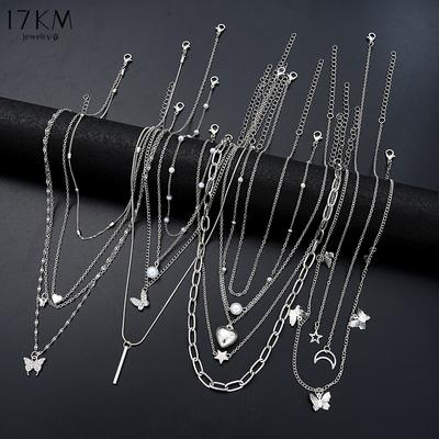 13Pcs/Set Simple Temperament Necklace Set Butterfly Heart Star Zircon Silver Color Necklace for Women Fashion Jewelry Gift