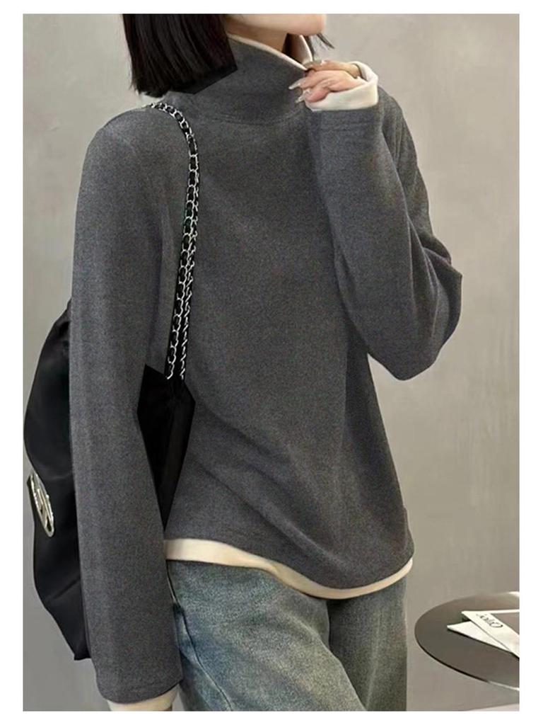 Slimming Long-Sleeve Velvet High-Neck Shirt for Women with Skin-Brightening Design