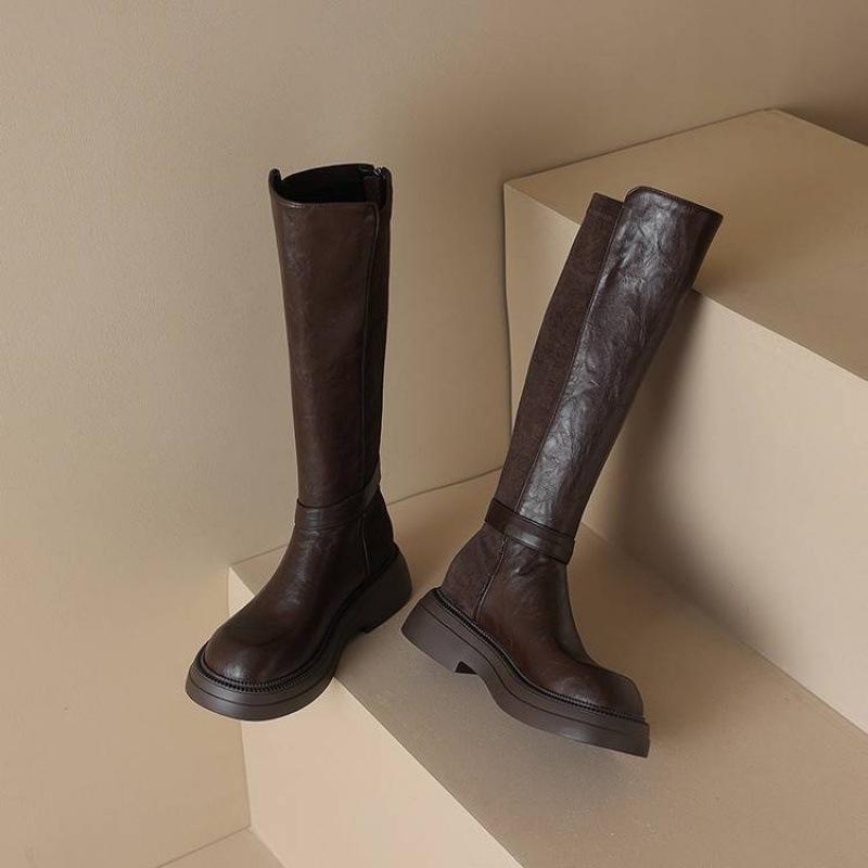 Autumn and winter thick-soled round-headed women's Martin boots solid color large-size rear zipper new comfortable and non-slip medium-heeled high b