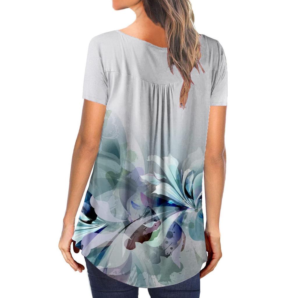 Tunica a maniche corte da donna T-shirt larghe T-shirt casual taglie forti Tunica a pieghe Bottoni T-shirt floreali estive casual per le donne
