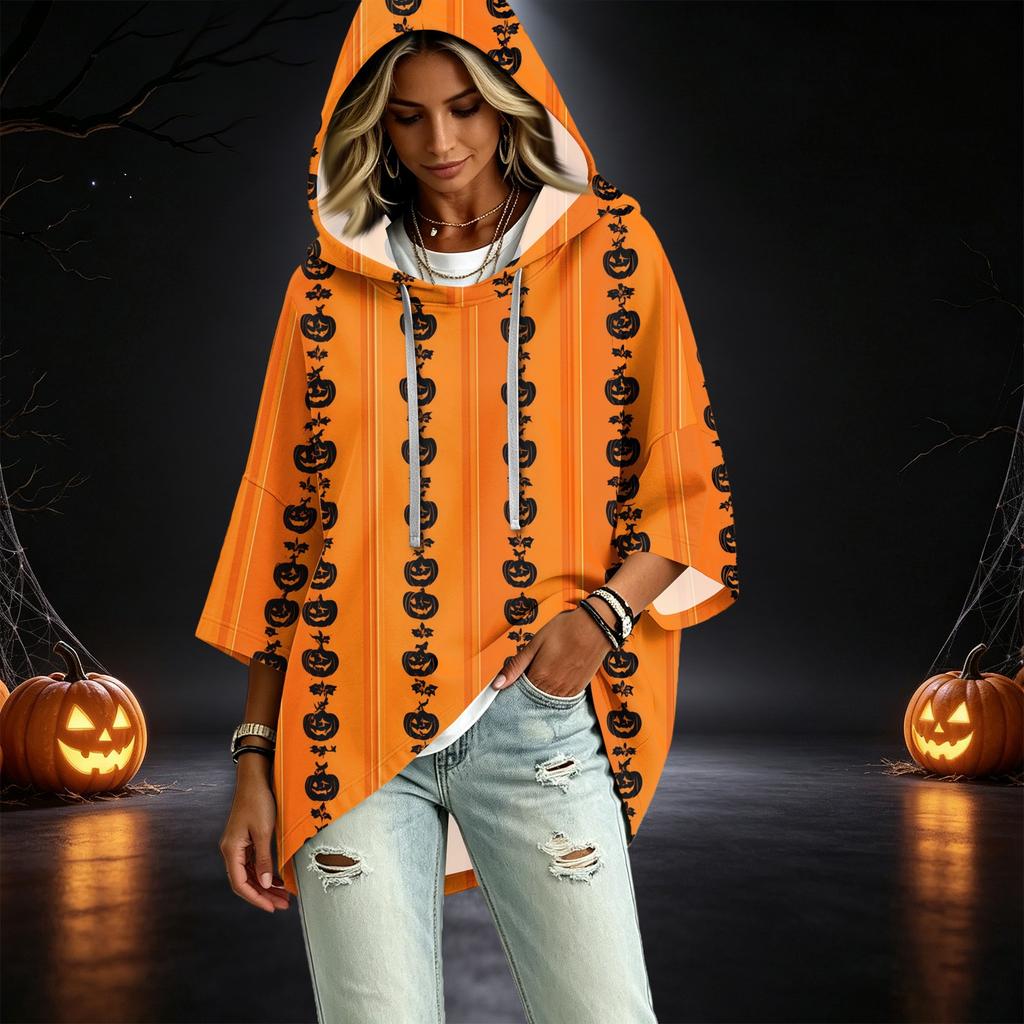 Women's Fashion 3/4 Sleeve Halloween Print Hoodie Pullover Top