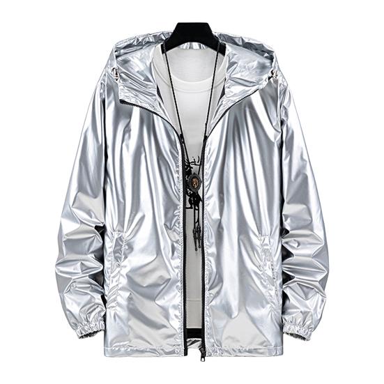 

Men Hooded Jacket Bright Surface Zipper Solid Color Slim Fit Waterproof Spring Autumn Elastic Cuff Coat Streetwear 3XL светло-серый