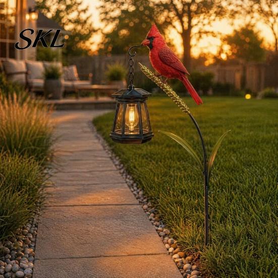 Rust-resistant Memorial Light Metal Red Bird Garden Stake Lamp, Vintage Lantern for Cemetery Yard Patio, Long-lasting Outdoor Rustic Ornament,