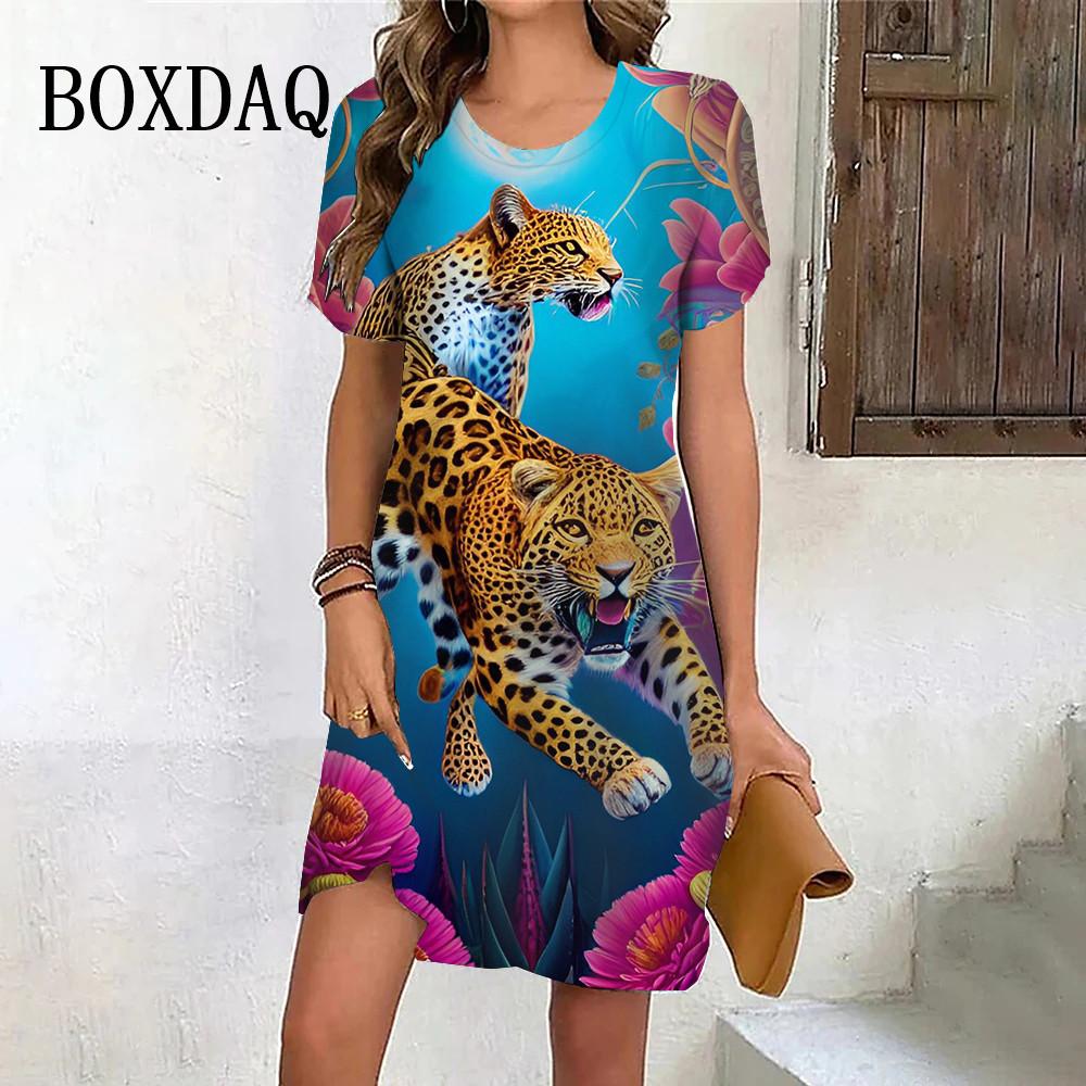 Tiger Graphic Dresses For Women Casual 3D Print Vintage Dress Female Fashion Short Sleeve Plus Size Dress Summer Clothes