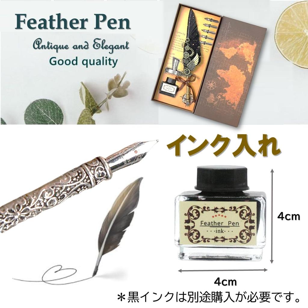 dilib Black Feather Dip Pen Set with 5 Nibs, Ink Bottle and Pen Stand