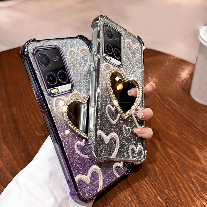 Airbag Wrist Strap Glitter Love Heart Mirror Phone Case For Vivo Y21 Y21S Y21T Y22 Y22T Y27 Y27S Y33S 2021 2022 2023 4G 5G Cover
