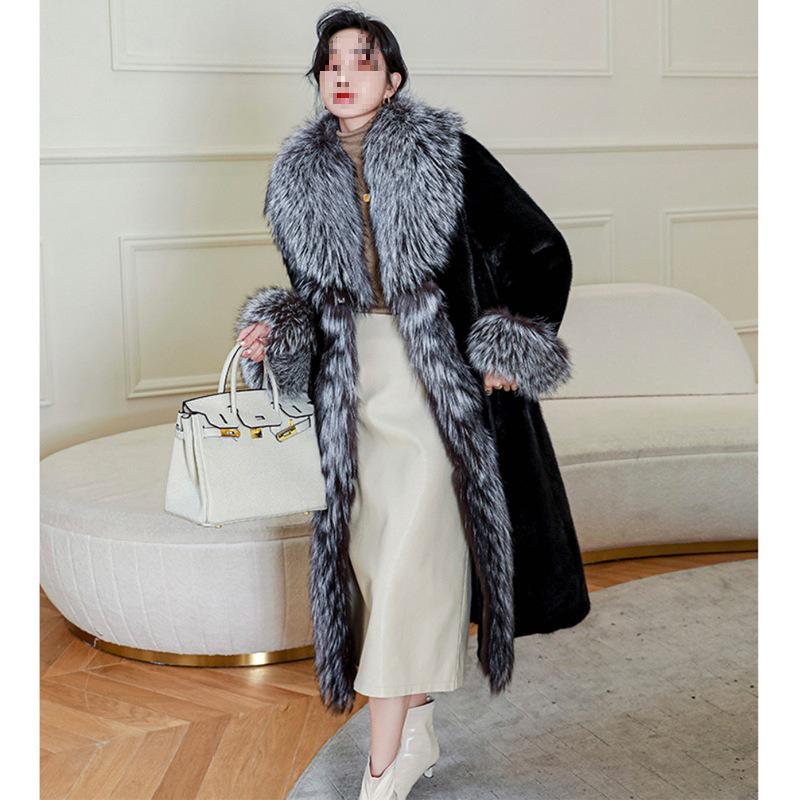 Women's Mink & Fox Fur Trench Coat - Long, Warm, Casual Plus Size Winter Coat with Large Collar