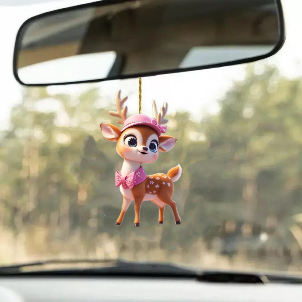 Cartoon With Deer Pink Hat Car Mirror Ornament Pendant For Kids Vehicle Decor
