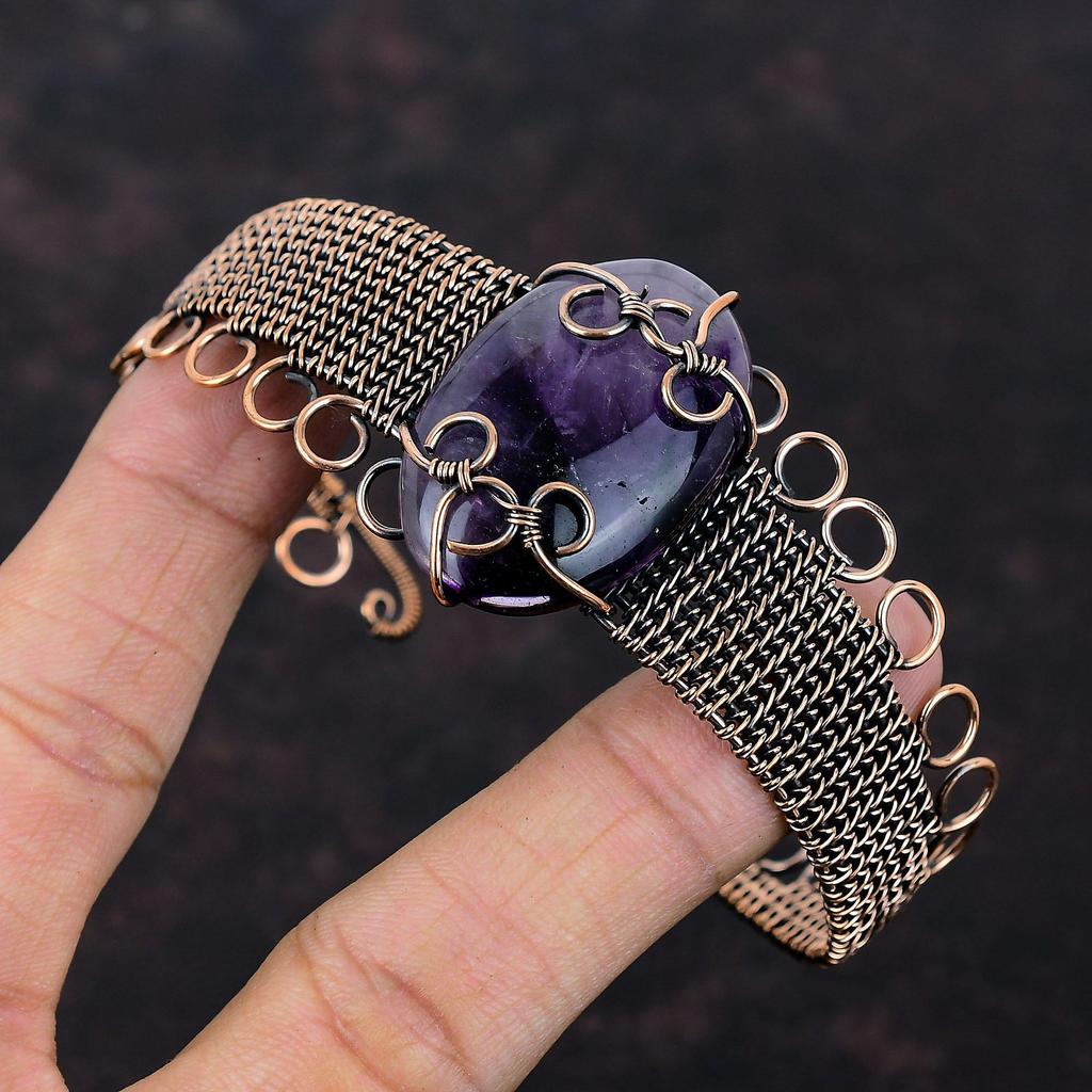 Brățară tip manșetă cu ametist stea, sârmă de cupru înfășurată, brățară reglabilă, piatră prețioasă, bijuterii din cupru, lucrată manual, brățară antică, cadou pentru ea
