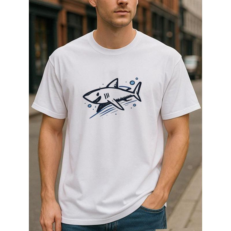 European sizes Men'S Casual Short-Sleeved Round-Neck T-Shirt with Ocean Shark Print | Versatile Daily Top, Medium Stretch Fabric, Crew Neck