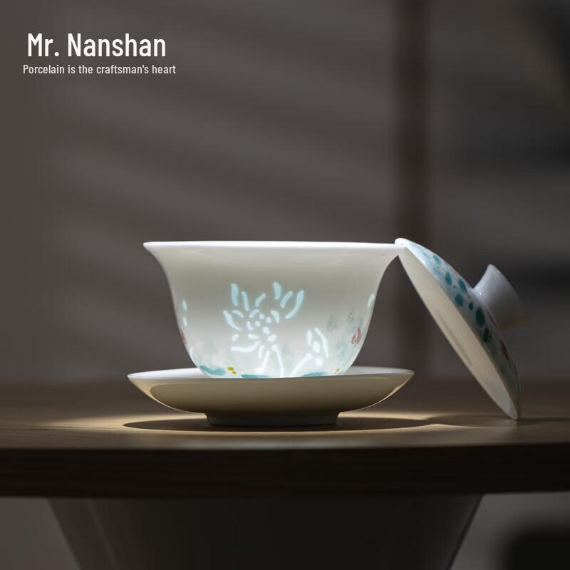 Китайская ручная роспись Керамическая гайвань с нефритовым лотосом