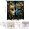 Venetian Mask Shower Curtain - Golden & Teal, Butterfly Motifs, Polyester, 12 Hooks, Mysterious & Elegant Bathroom Dcor