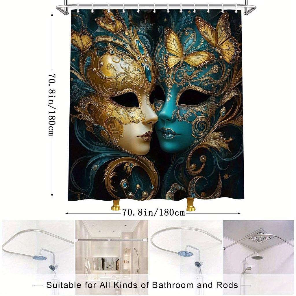 Venetian Mask Shower Curtain - Golden & Teal, Butterfly Motifs, Polyester, 12 Hooks, Mysterious & Elegant Bathroom Dcor