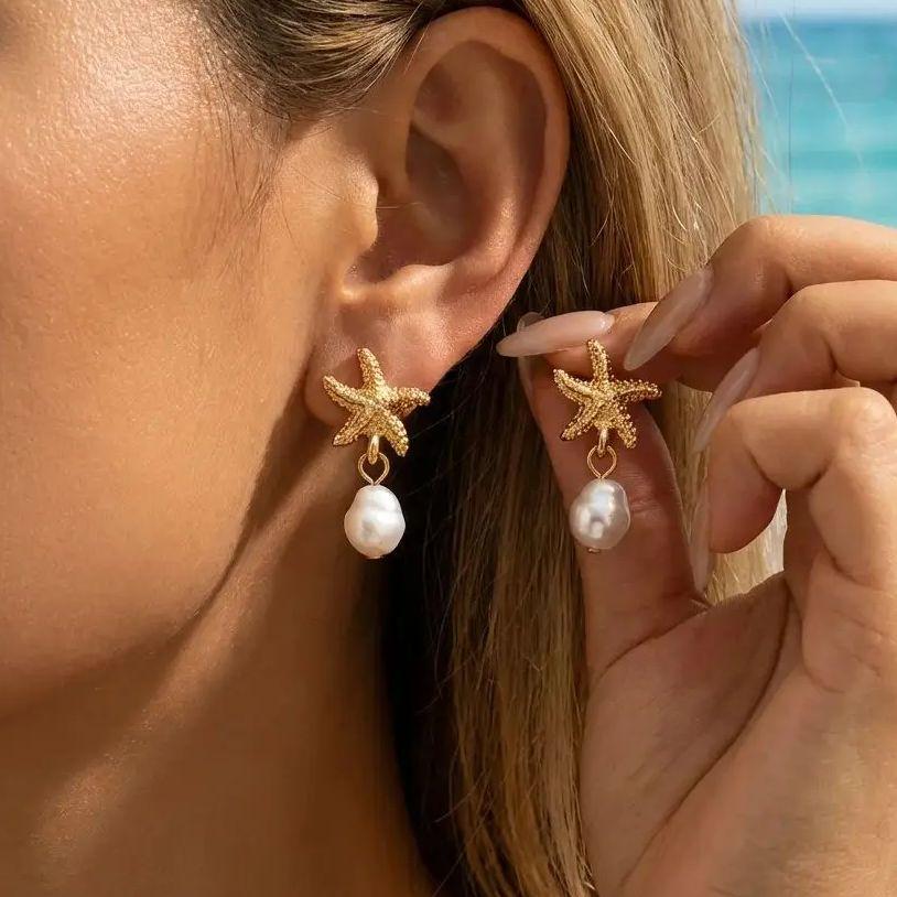 Bohemia Metal Shell Starfish Pearl Drop Earrings For Women Gold Color Sea Shell Dangle Earring Beach Party Jewelry Accessories