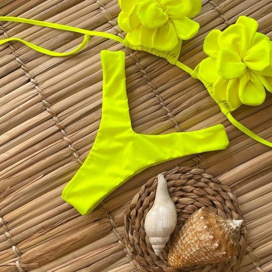2Pcs/Set Women Swimsuit Suit Halter 3D Flower Decor Bra Low-rise Swimming