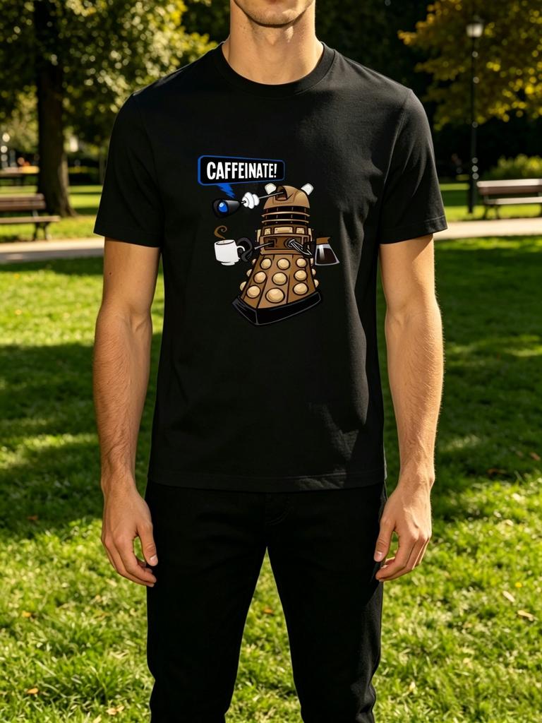 Caffeinate Dalek Coffee Cartoon Print Unisexs Crew Neck Short Sleeve Tee Casual Street Soft Breathable Daily Basic Fashion Wear Top