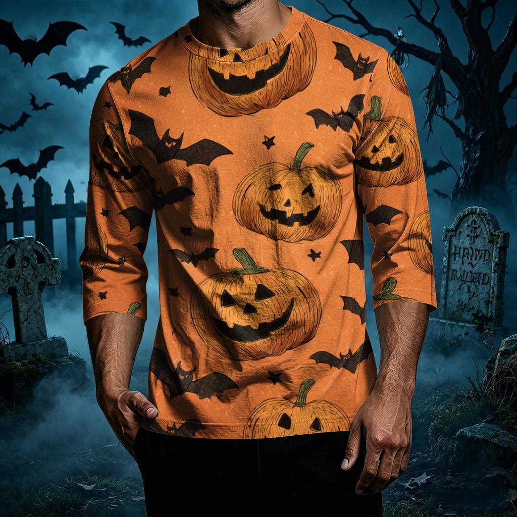 Men Casual Halloween Print Raglan Sleeve T Shirt Crew Neck Three Quarter Sleeve Top for Everyday Wear
