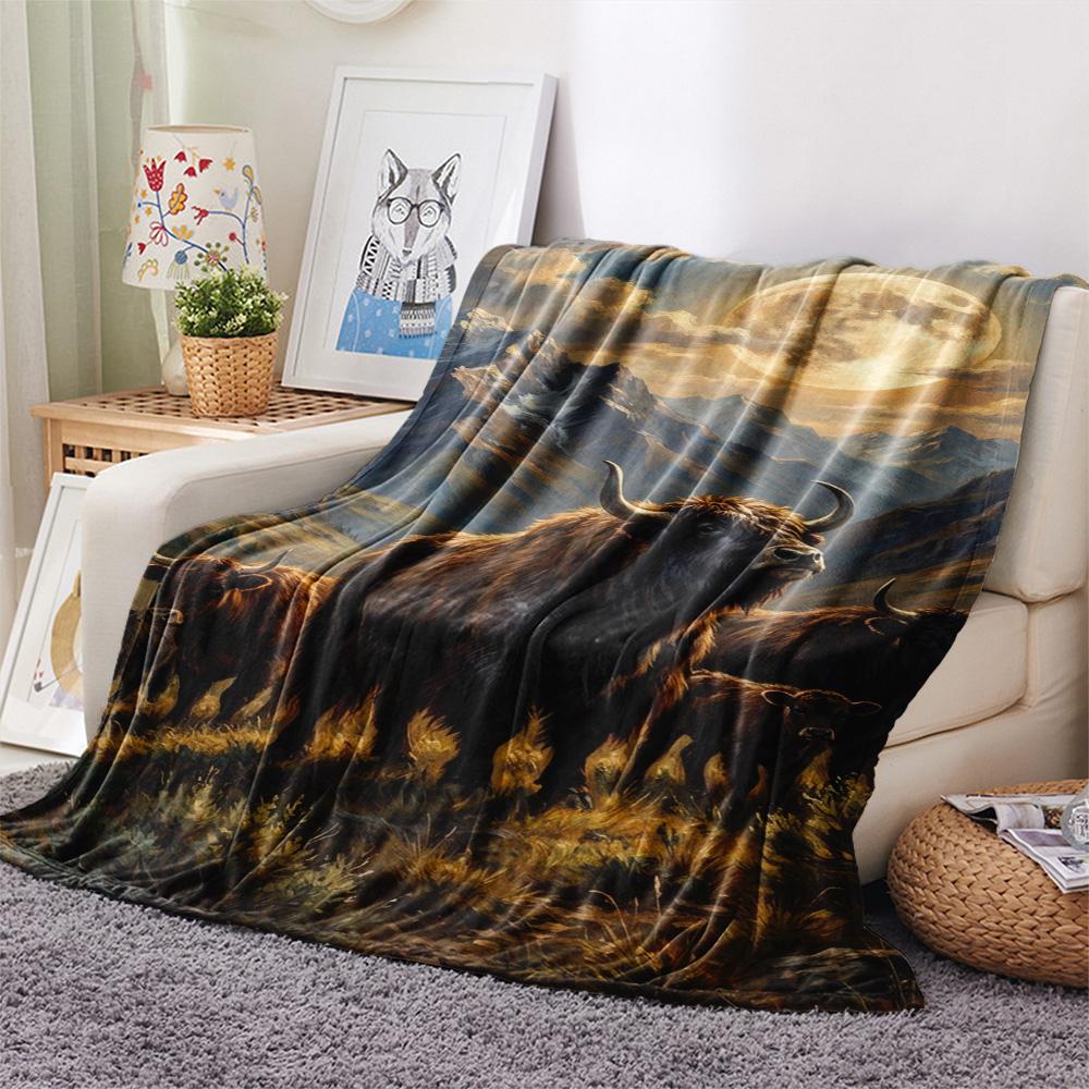 1PC Moonlit Highland Yaks Print FlAannel Blanket, High quality Comfortable for All Seasons, Home Decor, Warmth and Comfort