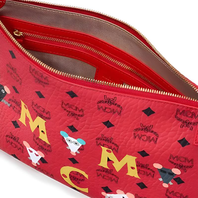 MCM Year of the Rat Clutch Bag, Red Visetos Monogram Wristlet with Mouse Print, for Daily Travel Shopping Cosmetics MXZASXL02RJ001