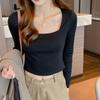 Women's Autumn and Winter Cotton Square Neck Positive Shoulder Bottom Long Sleeve Top