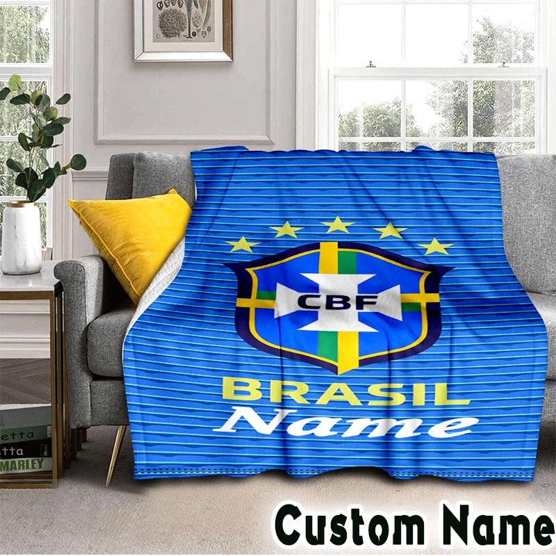 Custom Name Brazilian Football Emblem Throws Blanket Flannel Blankets for Couch Bed Gifts for Men Women Picnic blanket Christmas fan gifts