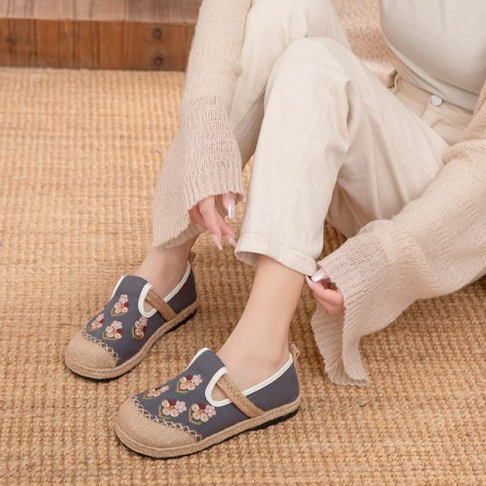 Johnature Pantofi din Pânză Brodați în Stil Etnic, Handmade, din Bumbac și In, cu Talpă Moale, Respirabili, Pantofi Plați de Damă