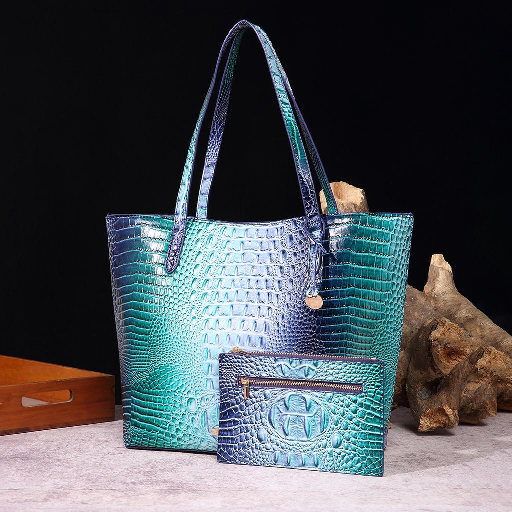 New European and American Handheld Tote Mother Retro Women's Bag with Multi Color Brahmin Crocodile Pattern