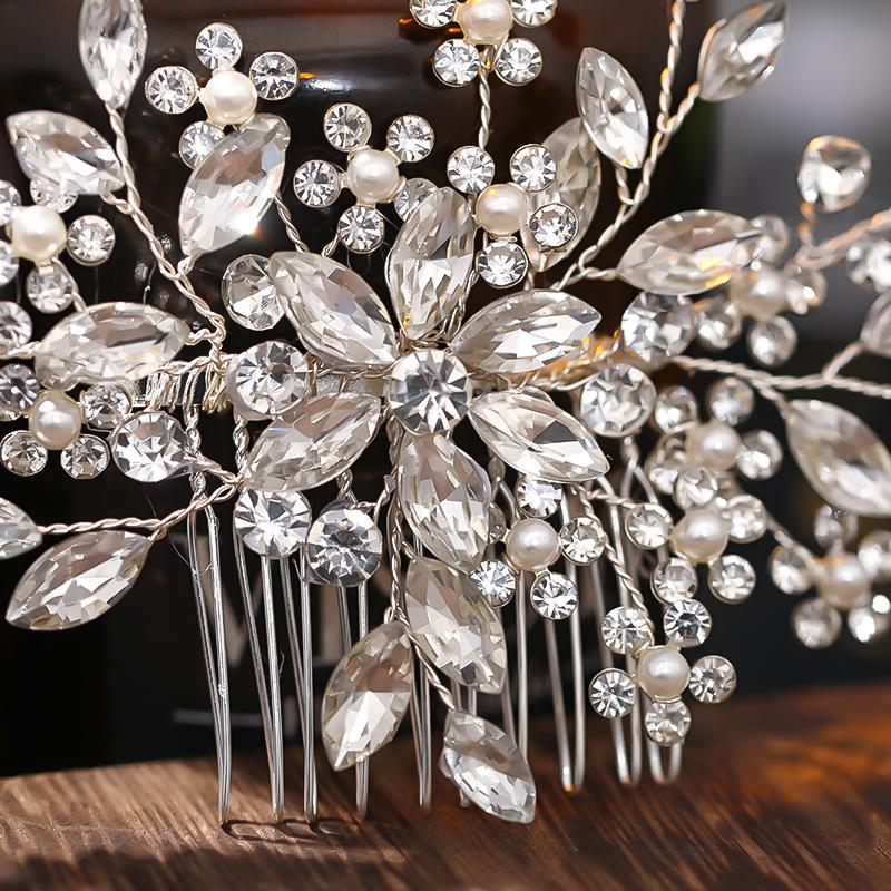Bridal Crystal Flower Pearl Hair Comb Rhinestone Hairpin Headband Tiara -Wedding Hair Accessories for Women Elegant Jewelry Gift