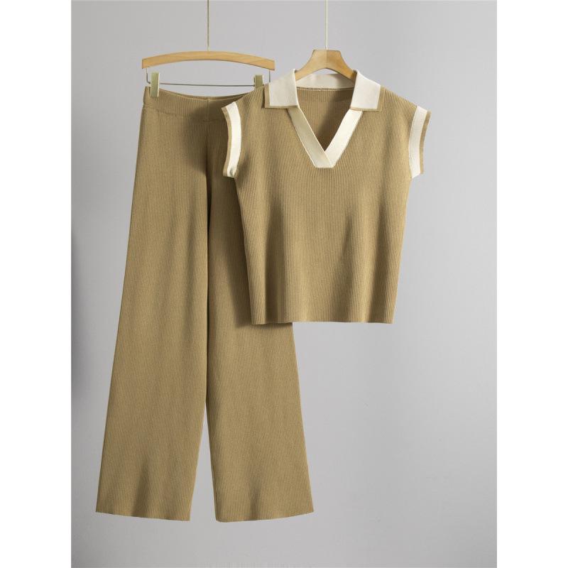 Women's Summer 2026 Polo Collar Knit Top and Pants Set - Loose, Slimming Casual Fashion Two-Piece.
