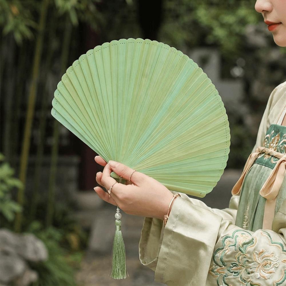 Retro Bamboo Folding Fan Solid Color with Tassels Folding Hand Fan Decorative Fan Portable Mini Shell Fan Cheongsam Accessory