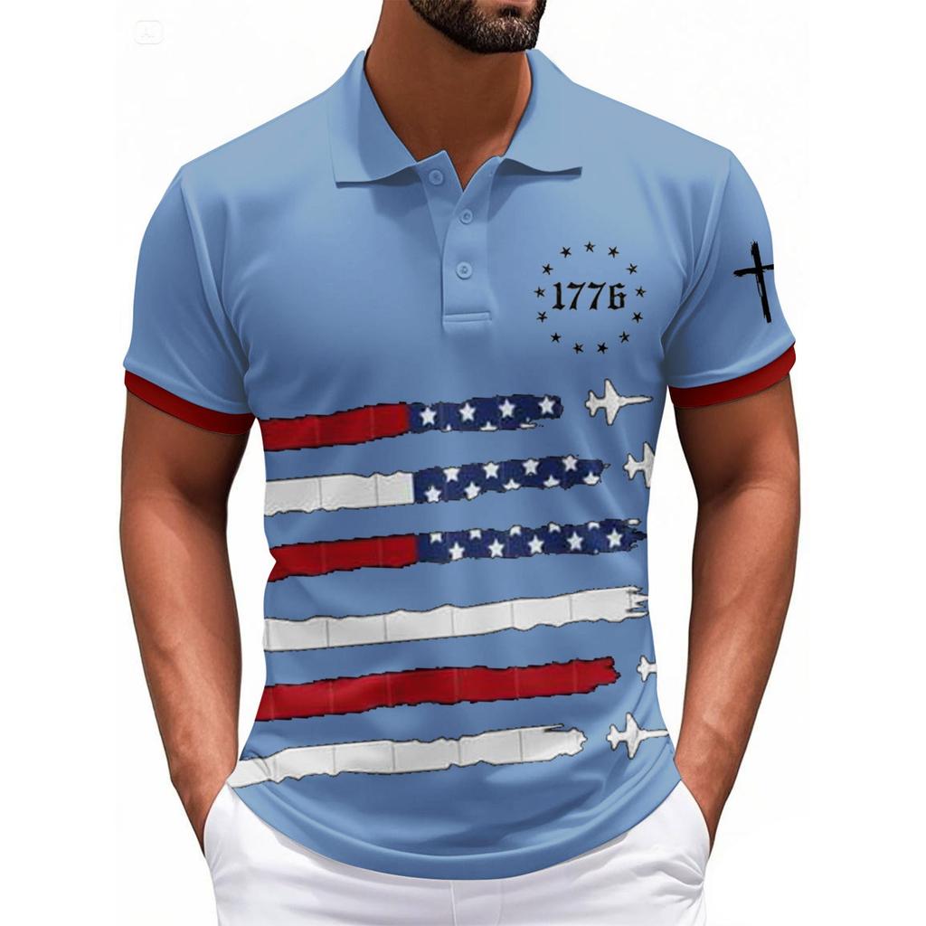Fashionable Men's Casual Independence Day Printed Neck Short Sleeve Top