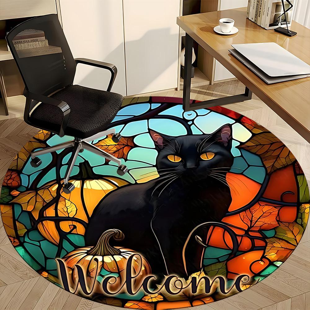 1pc Pumpkin Cat Office Round Area Rug, Under Office Chairs Bedroom Living Room Home Decor, Room Deco, Available in Various Sizes