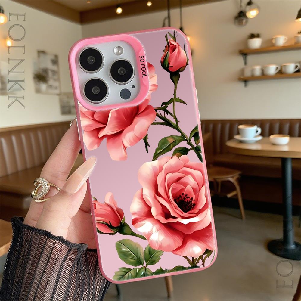 Pink Roses with Green Foliage Shockproof Phone Case for Iphone 16 15 14 13 12 11 Pro Max/Mini Anti-Scratch Premium Hard Cover