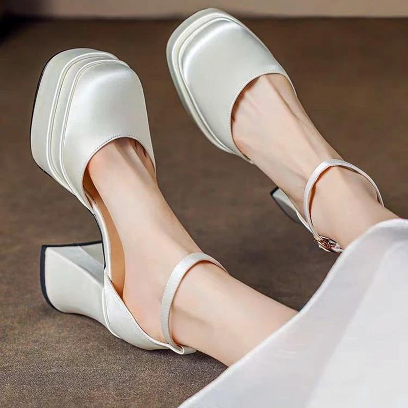 2025 Women'S High Chunky Platform Closed Toe Block Heels Square Toe Ankle Strap Dress Wedding Party Prom Pumps Shoes
