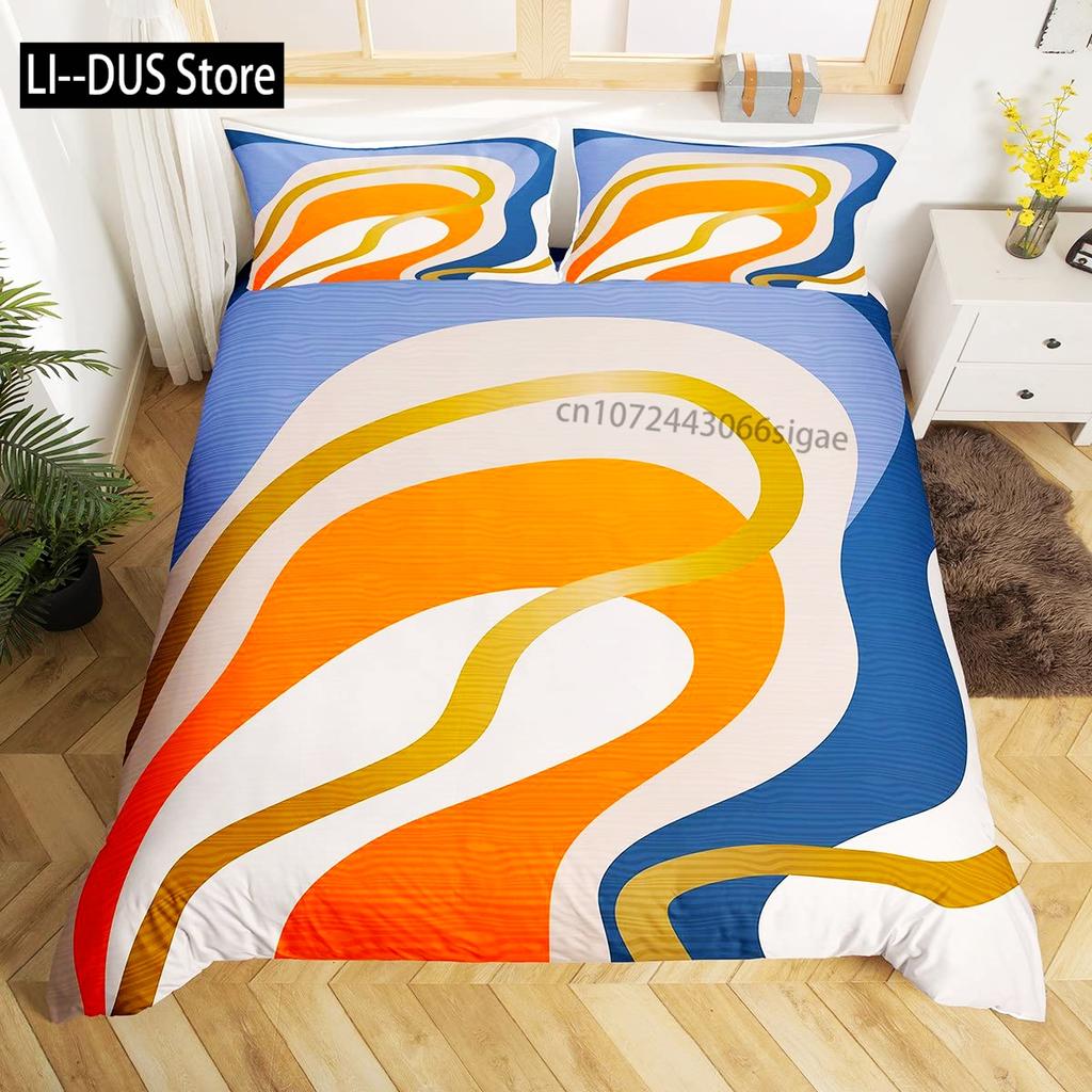 Abstract Sea Bed Set Marine Wave Duvet Cover Bedding Set Twin Comforter Cover Coastal Beach Theme Bed Cover 3pcs Orange Teal