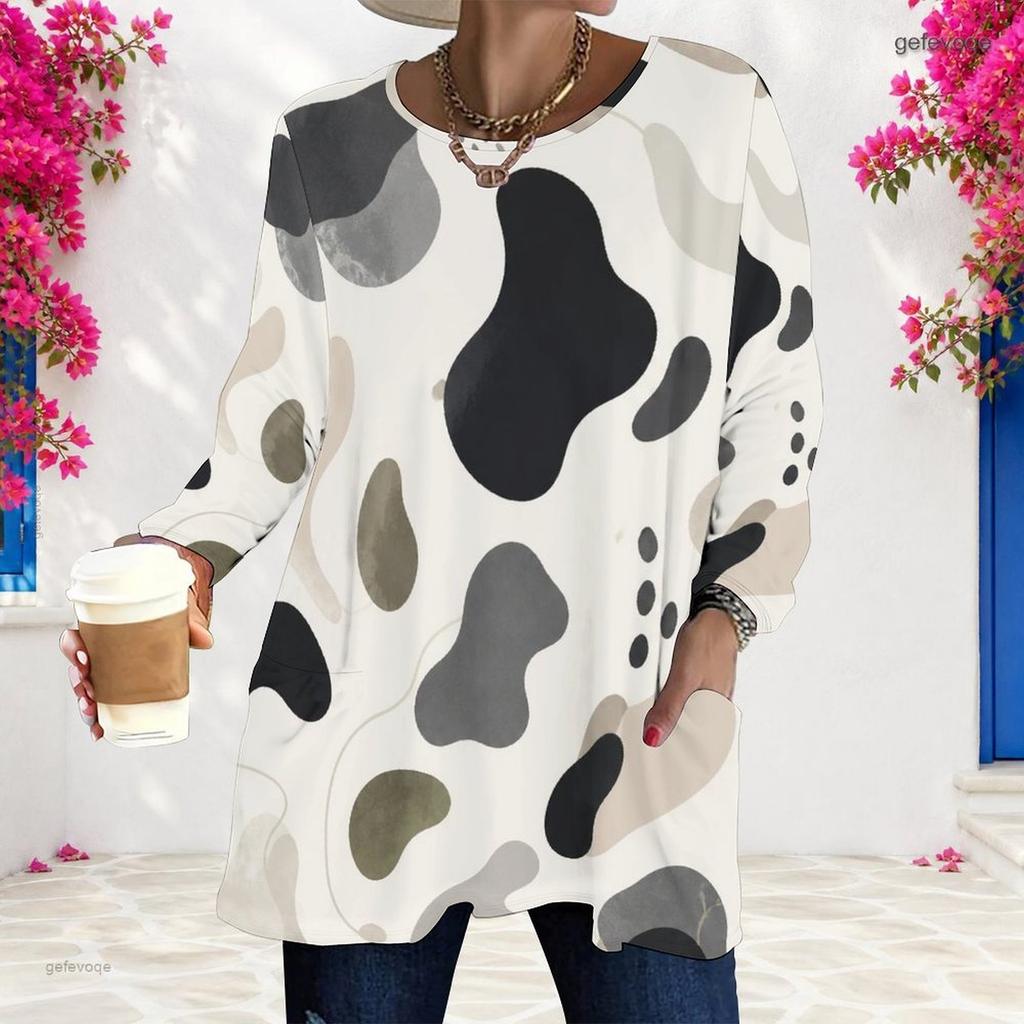 Women Plus Size Round Neck Long Sleeve Abstract Printed Loose Longline T Shirt With Pockets