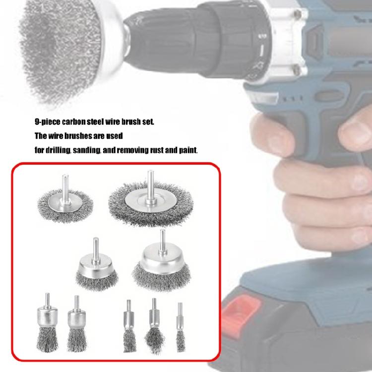 Versatilitys Drill Mounted Wire Brushes 9PCS Carbon Steel Construction For Efficient Rust Paint Debris Removal Tool