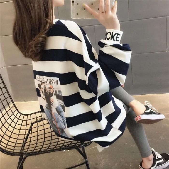 Women's Fleece-Lined Thick Striped Hoodie - 2026 Winter Korean Style Loose Mid-Length Trendy Top