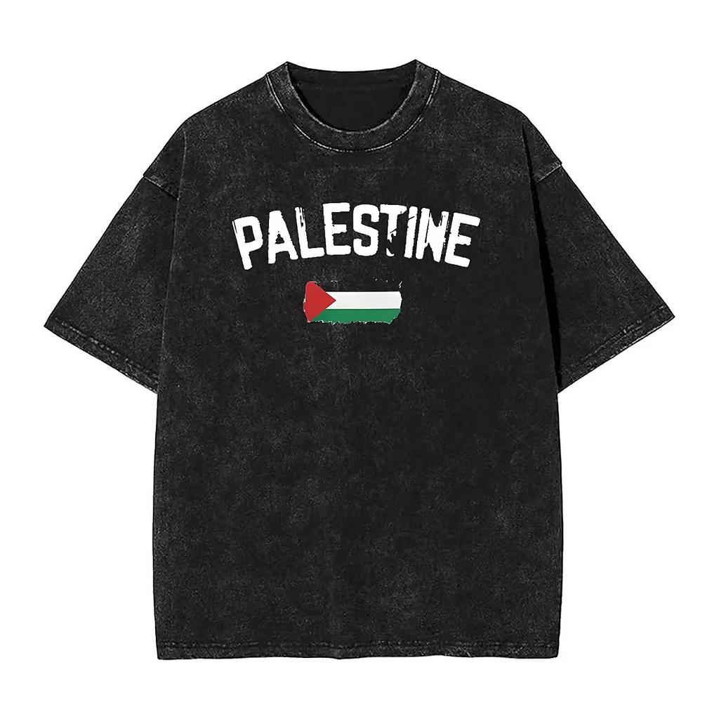 Palestina Flagg Vasket T-skjorte Herre Palestinsk Streetwear Casual T-skjorter Sommer Rund Hals Mote T-skjorte Oversized Topper