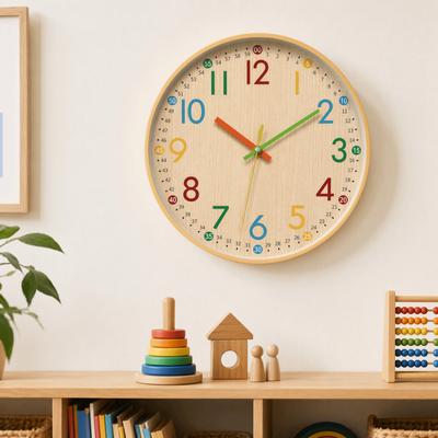 Silent Teaching Kids Wall Clock Round Quartz Wall Clock Modern Wooden Wall Clock  Children Nursery