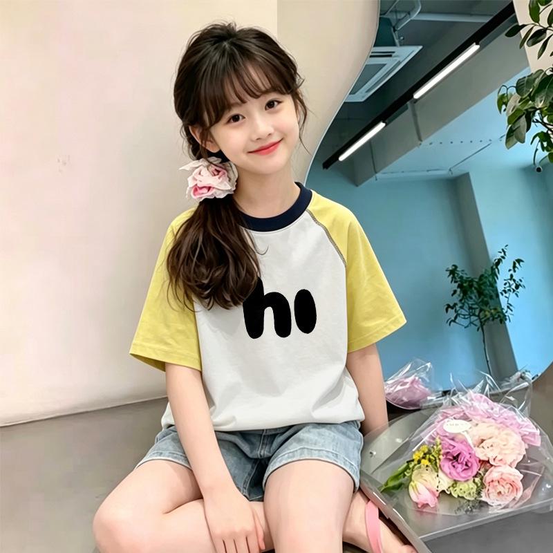 Korean Style Patchwork Cotton Short Sleeve T-Shirt for Girls - Summer New Arrivals