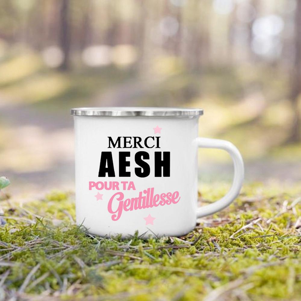 Merci Aesh Print Mugs Creative Coffee Cups Drinks Water Enamel Cup School Handle Drinkware Best Graduation Thanks Gifts for Aesh