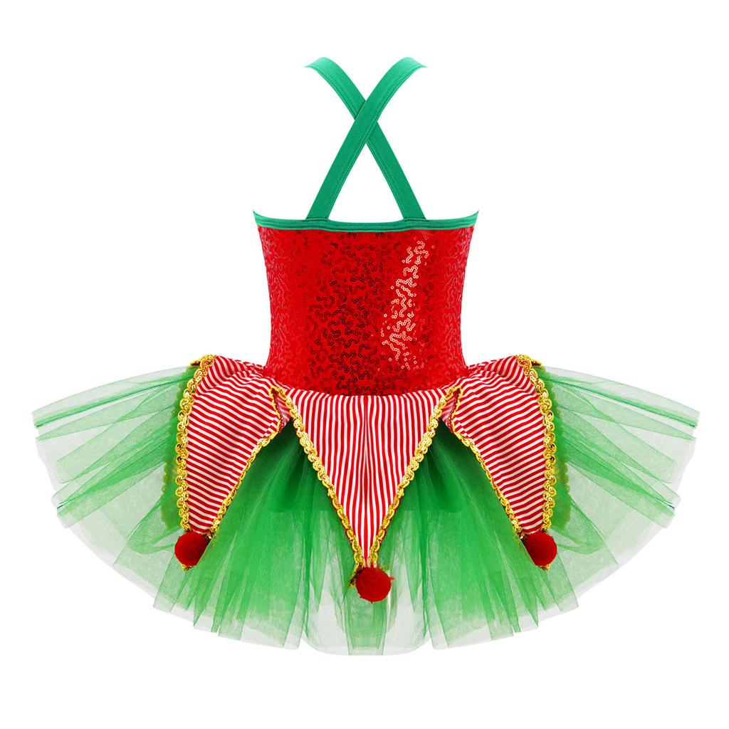 Mädchen Tanzkleid Ärmellos Überkreuzter Rücken Knopfleiste vorne Pailletten Plüschkugeln Dekor Rüschen Tüllnetz Kostüm