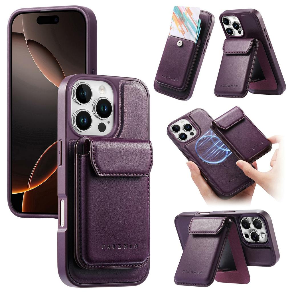 CASENEO For iPhone 16 Pro Magnetic Case PU Leather PC Phone Cover with Detachable Card Holder Kickstand Compatible with MagSafe